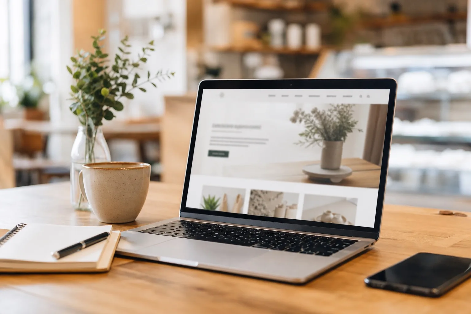 Laptop on a desk showing a simple business website — visual for the free one-year website launch offer