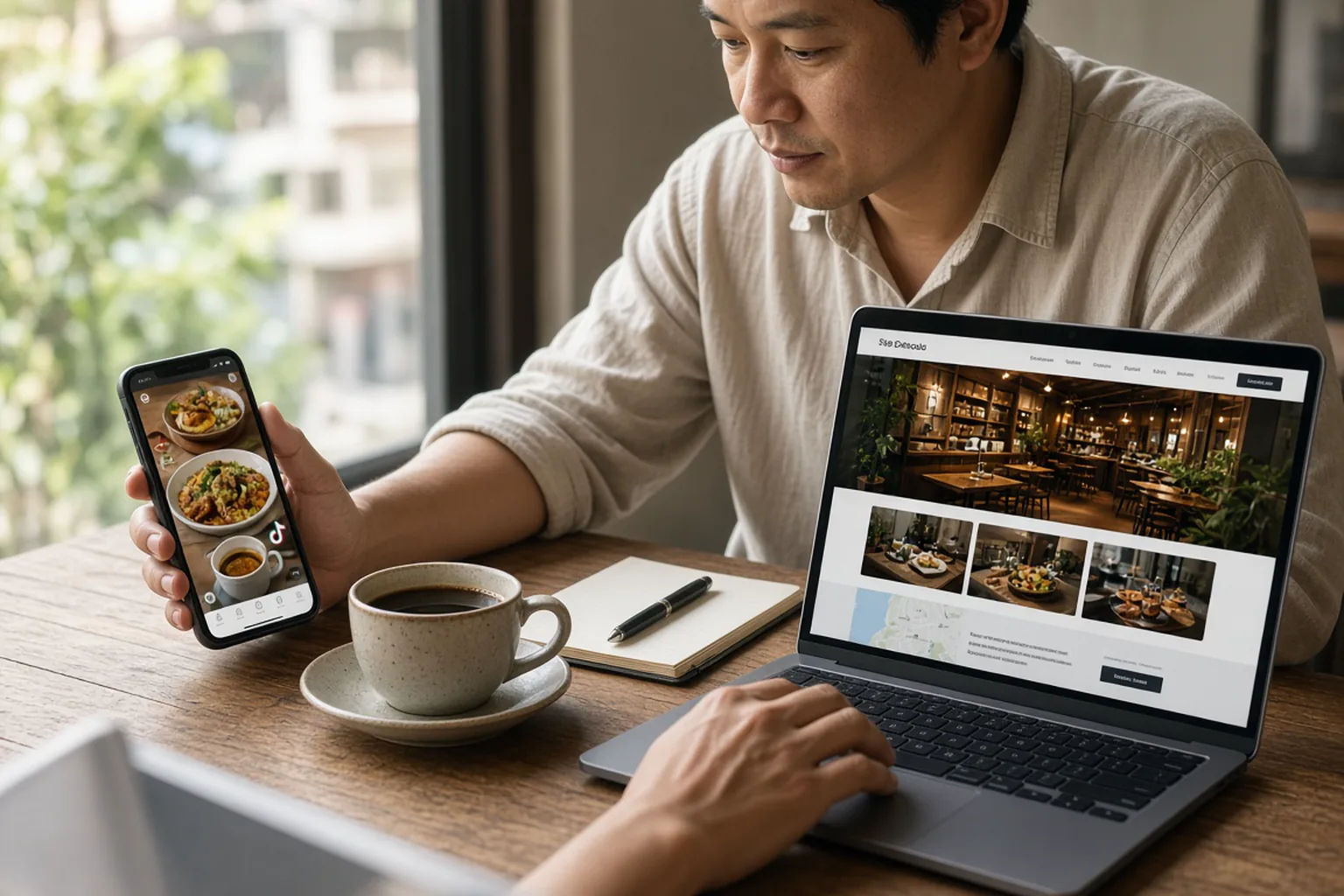 เจ้าของร้านกำลังเทียบเพจโซเชียลบนมือถือกับเว็บไซต์ธุรกิจบนแล็ปท็อป