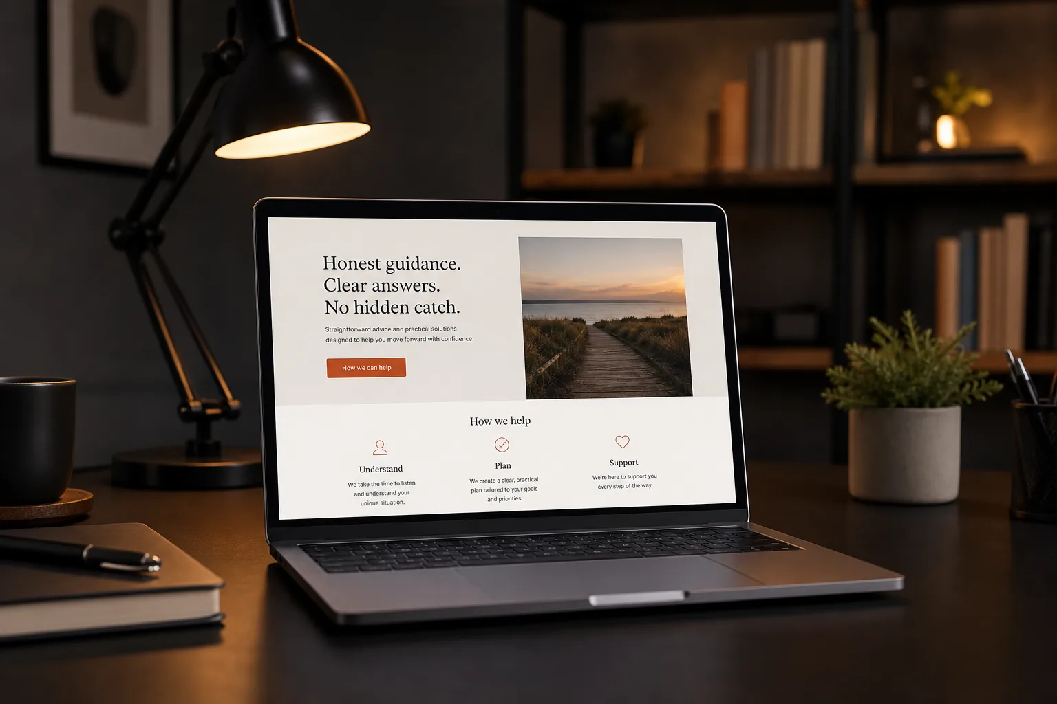 Laptop on a desk showing a simple one-page business website — visual for the free website program with no hidden catch